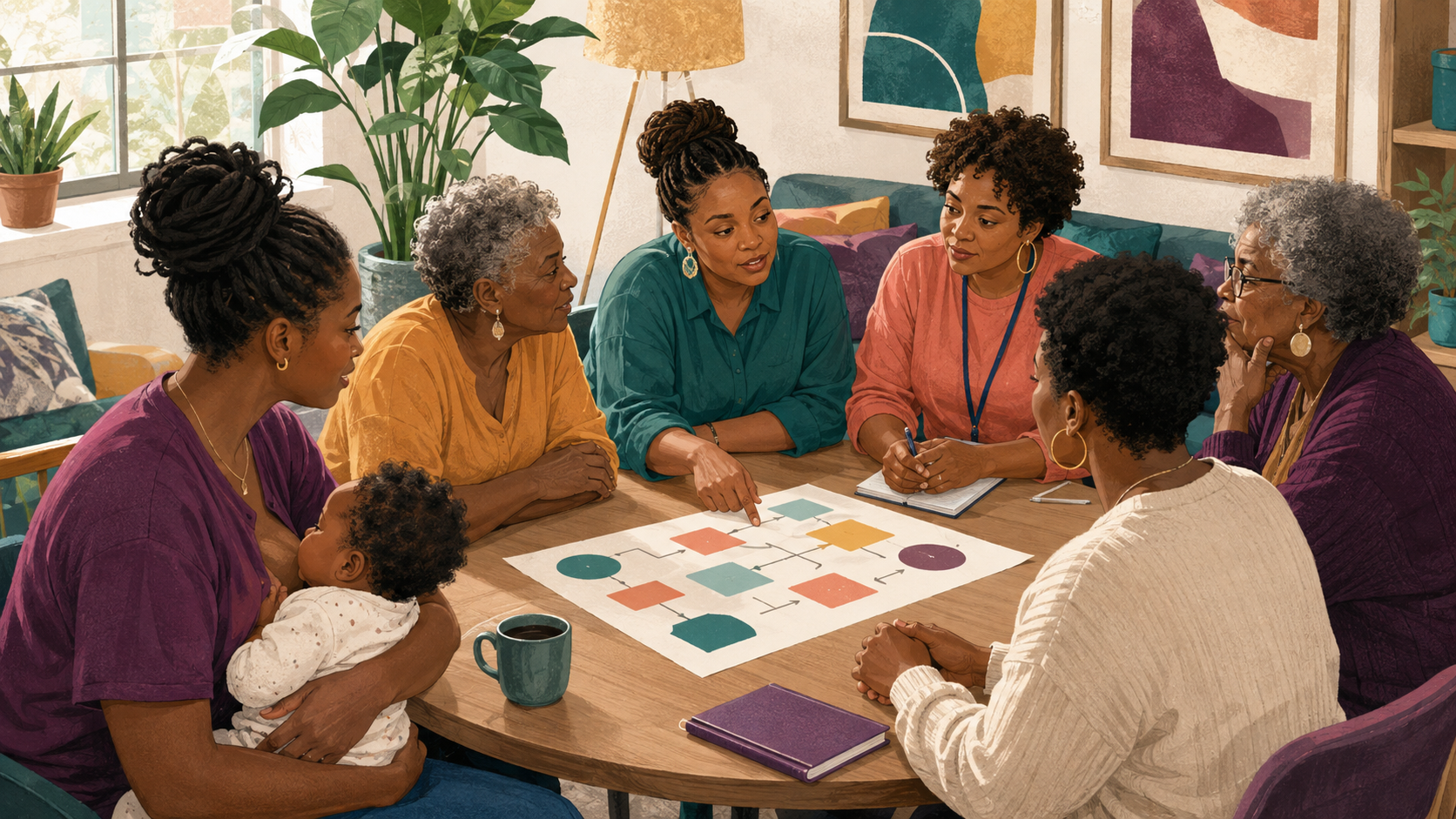 A multigenerational Black community support group and health workers reviewing a service pathway together.