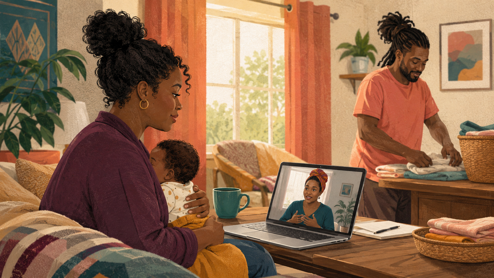 A Black mother at home speaking with a peer counselor by video while a family member helps nearby.