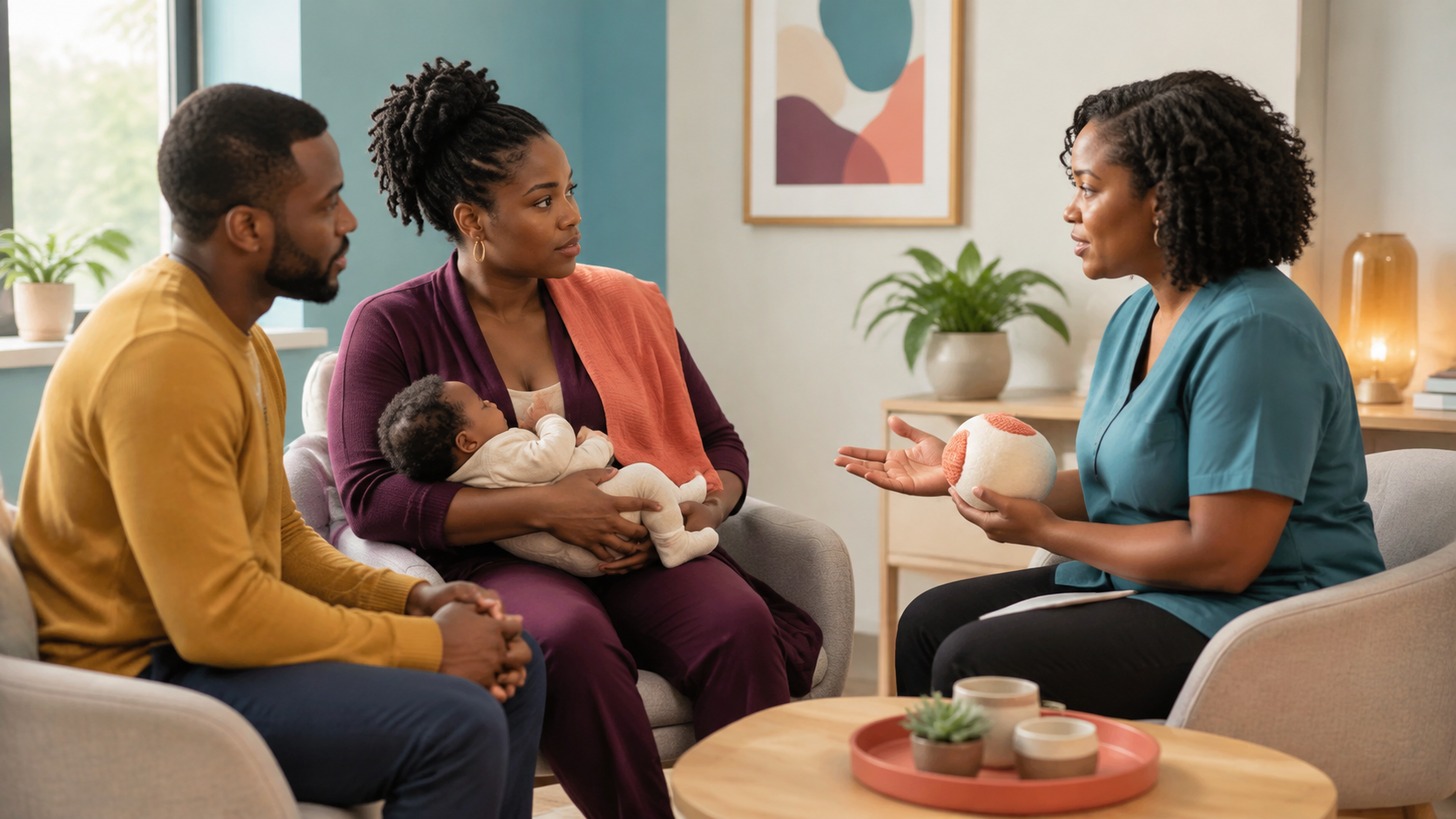 A Black mother, her partner, and a Black lactation professional having a calm care-planning conversation.