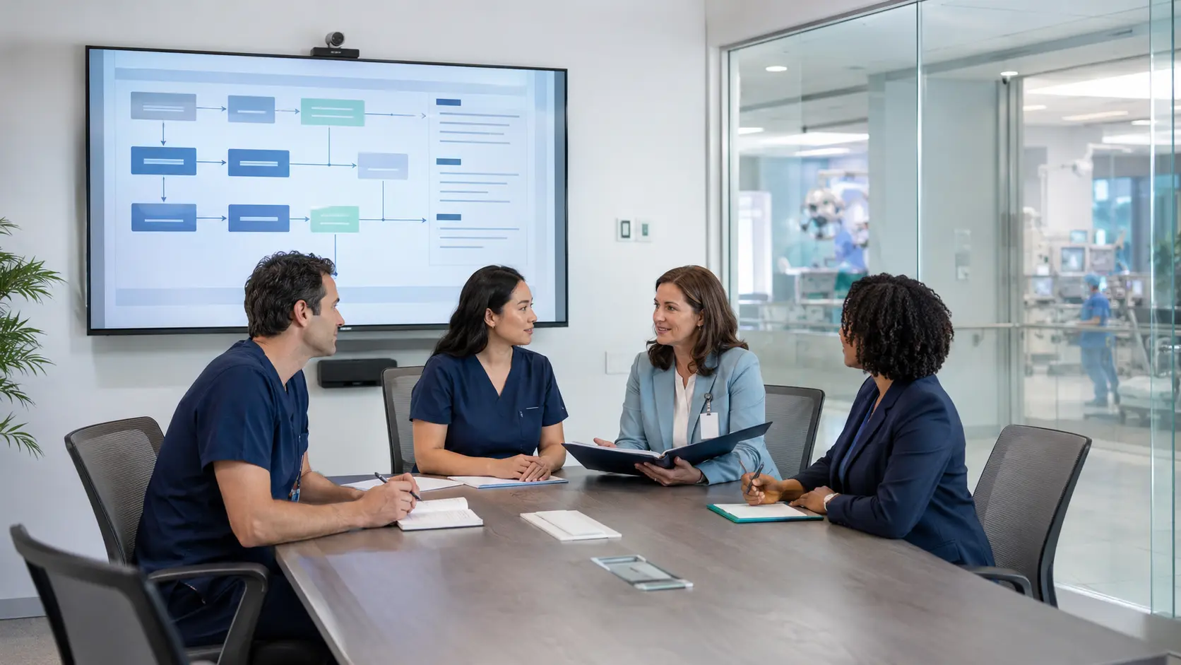 An anesthesia and administrative leadership team reviewing a credentialing and privileging pathway in a bright hospital conference room.