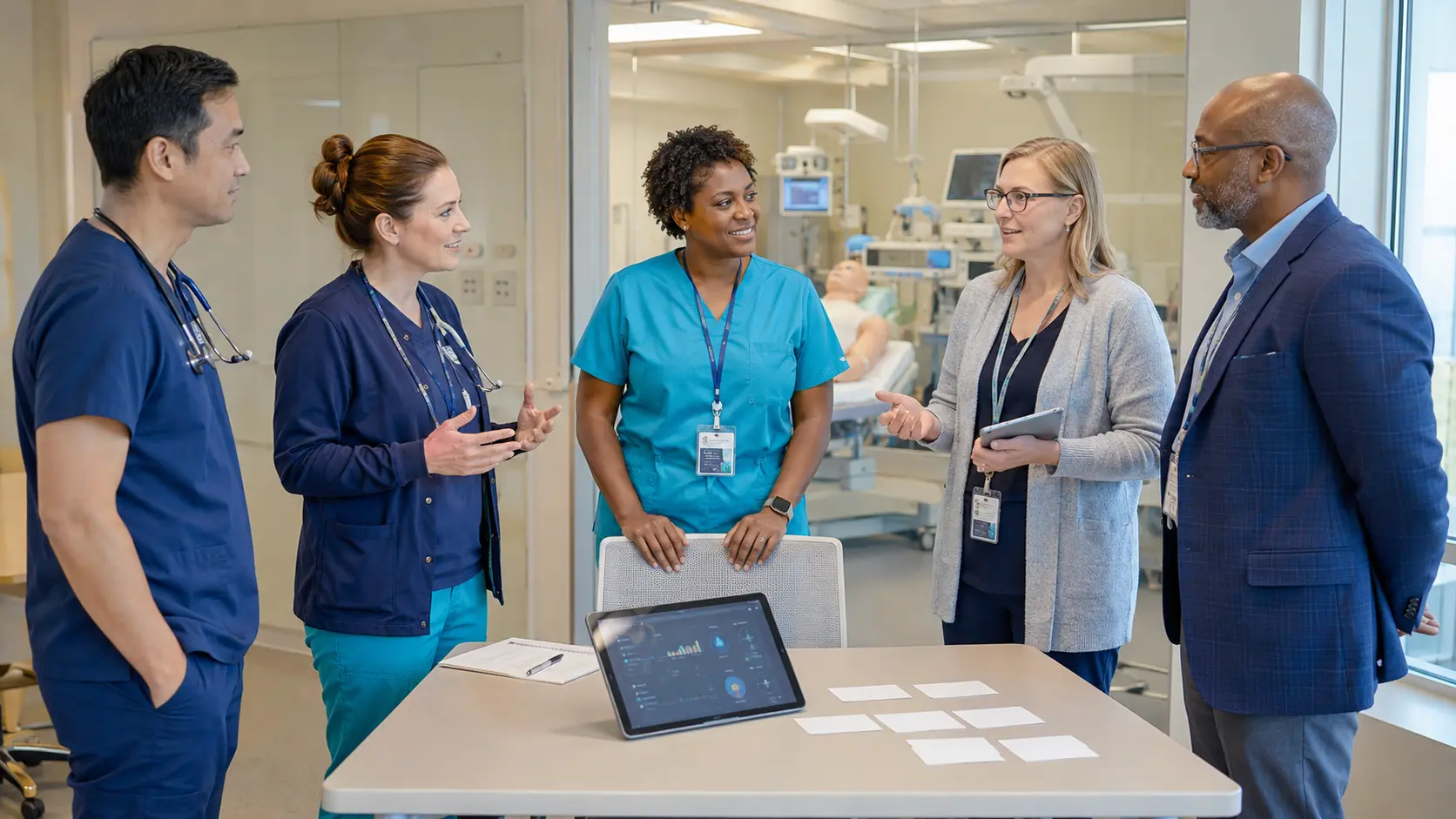 An interprofessional anesthesia team conducting a simulation debrief in a bright clinical education center.