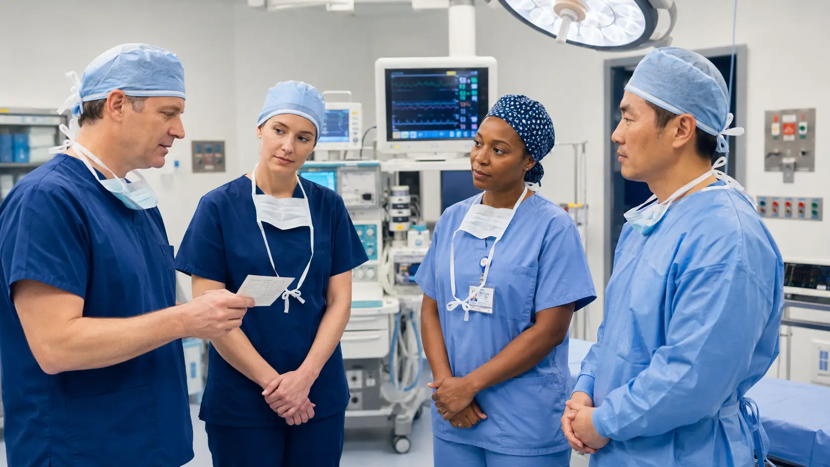 Four anesthesia and perioperative professionals conducting a structured briefing in a bright operating room before a case.