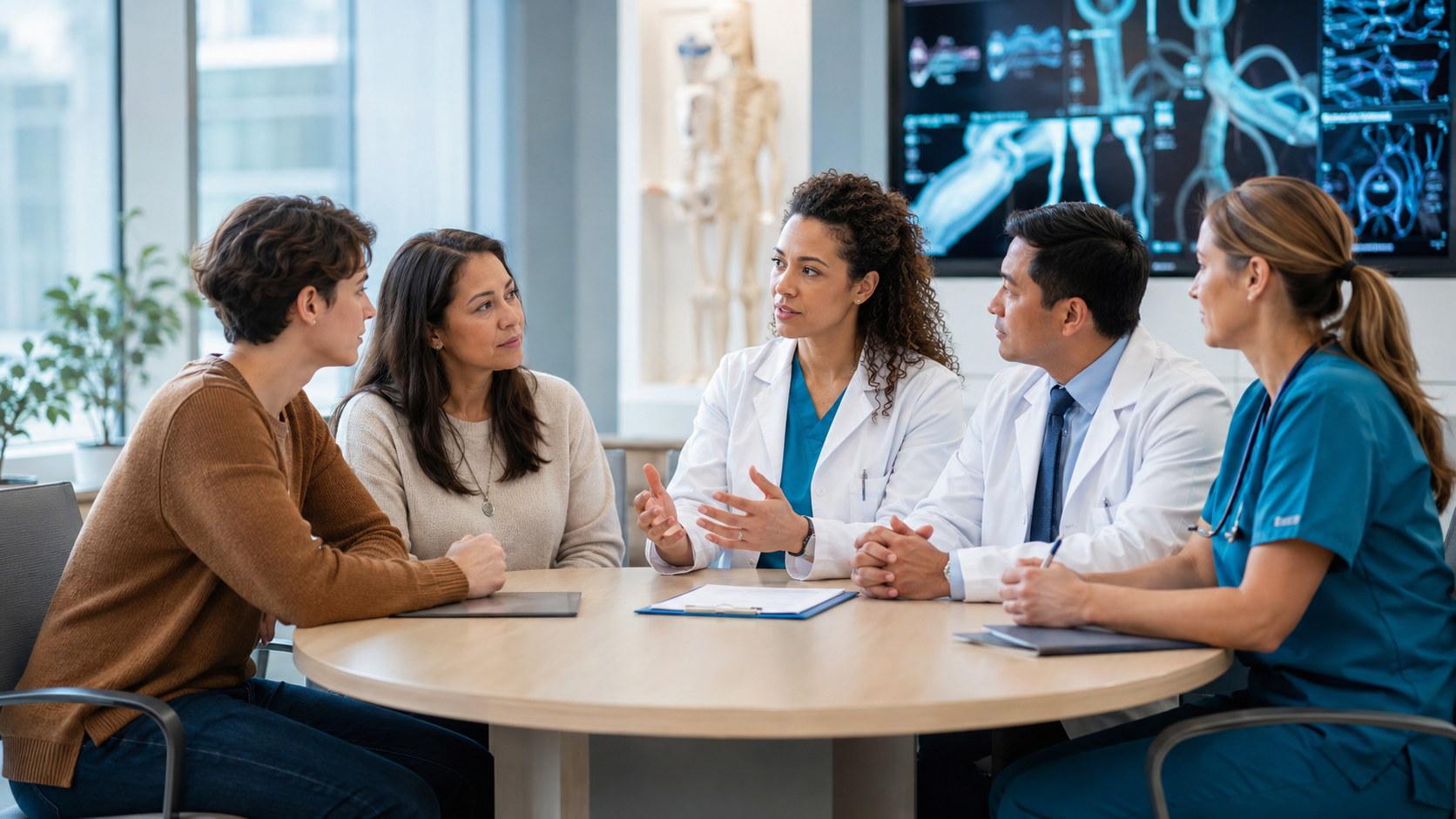 Illustrative multidisciplinary specialty team listening to a patient and family member during care planning.