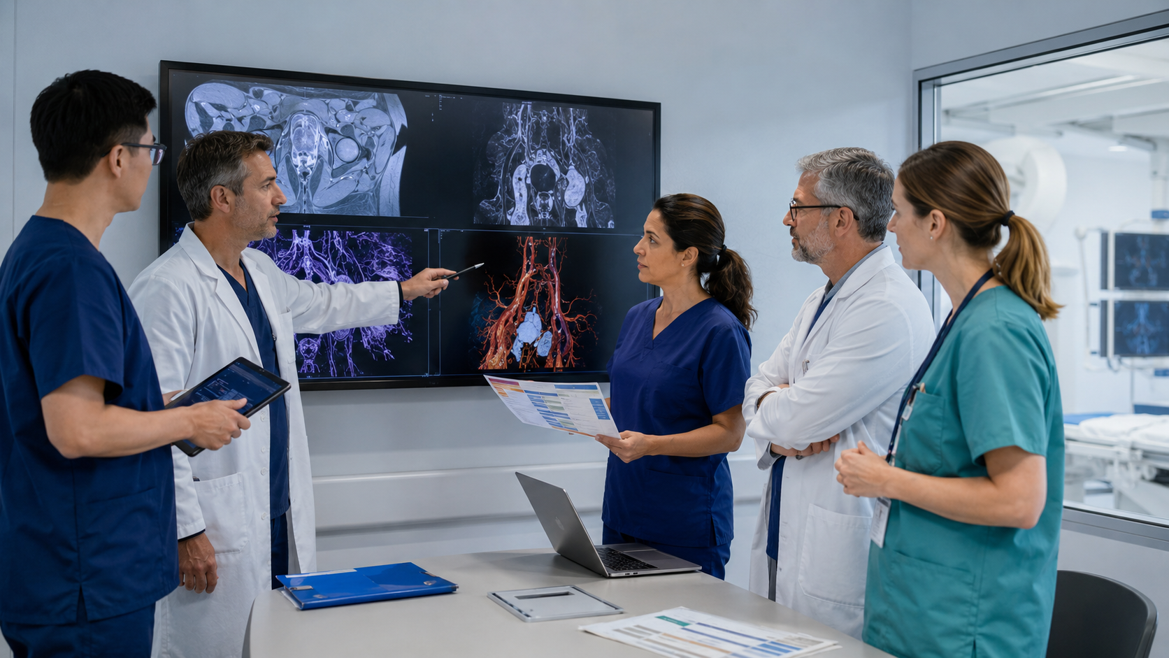 Illustrative multidisciplinary clinical team reviewing imaging during a pre-procedure safety huddle.