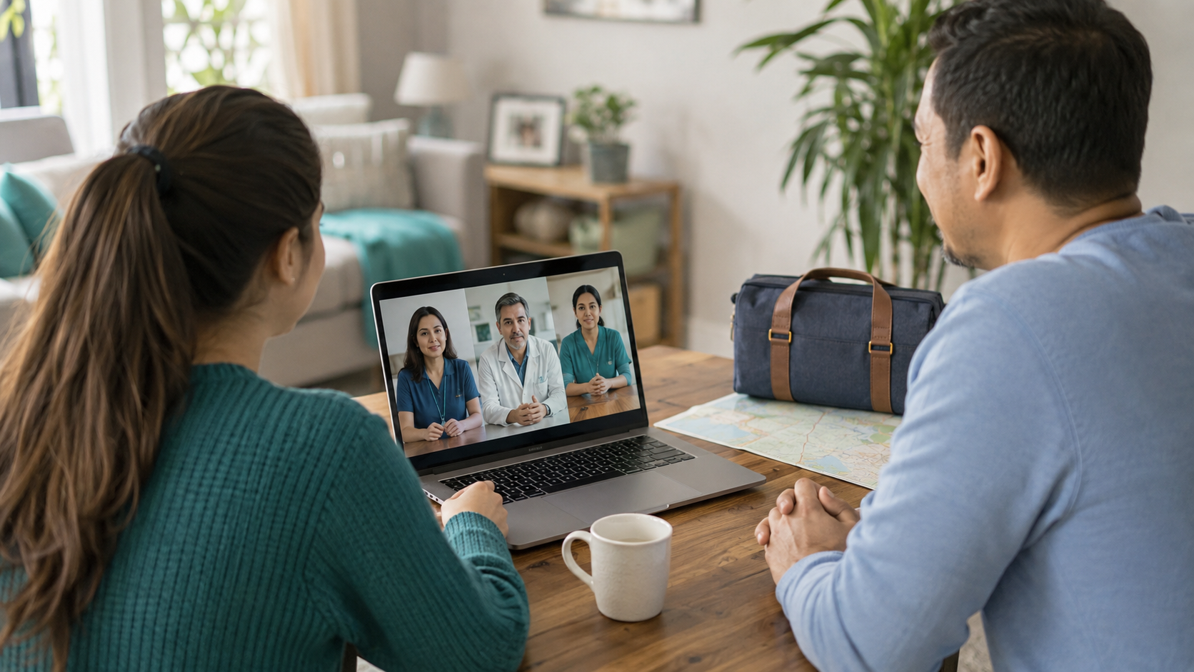 Illustrative patient and family member using telehealth to coordinate with a multidisciplinary specialty team.