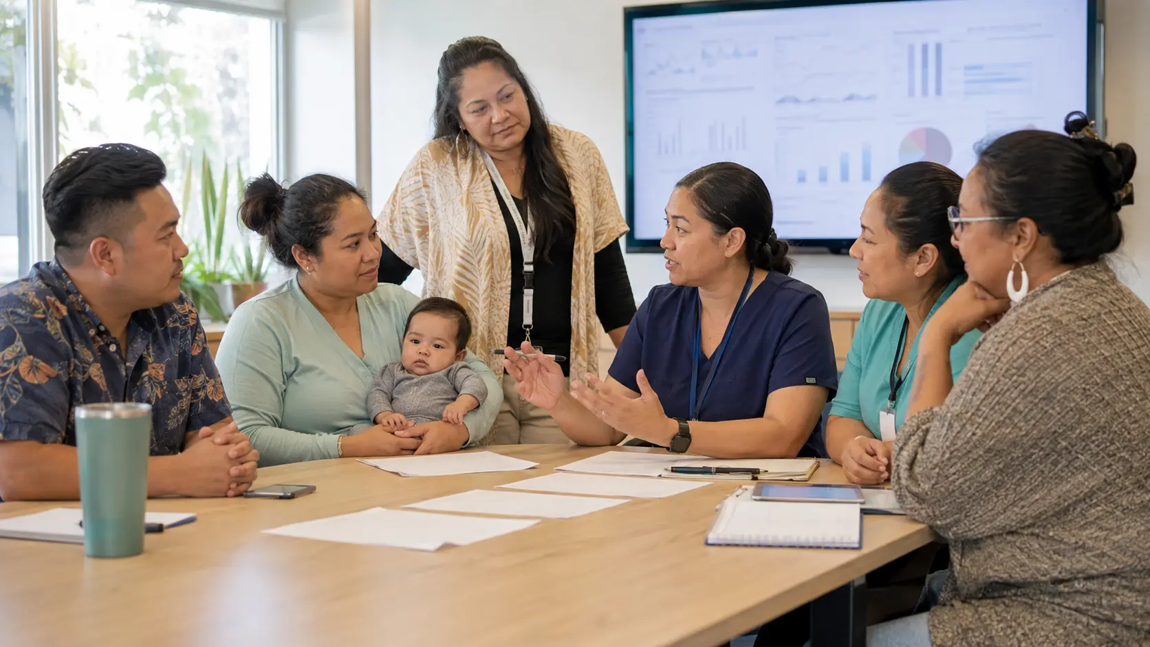 A fictional community maternal-health advisory group reviewing a blank data dashboard together