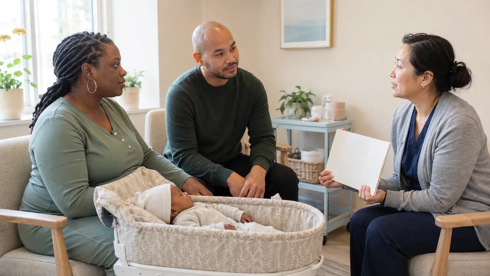 A fictional family and lactation clinician having a respectful consultation beside a safely positioned infant