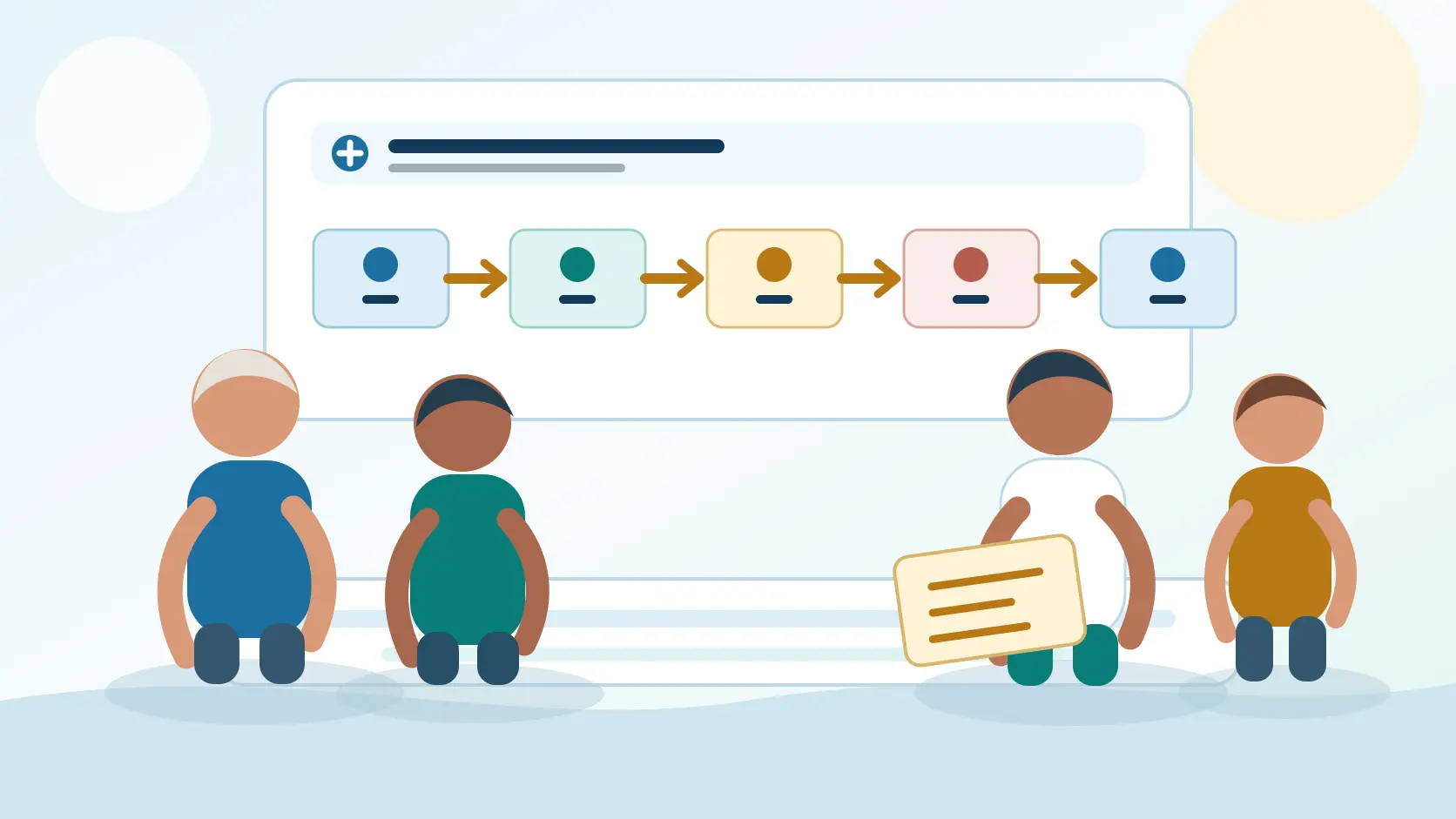 Editorial illustration of a patient and support person reviewing a coordinated vision-care plan with a multidisciplinary team