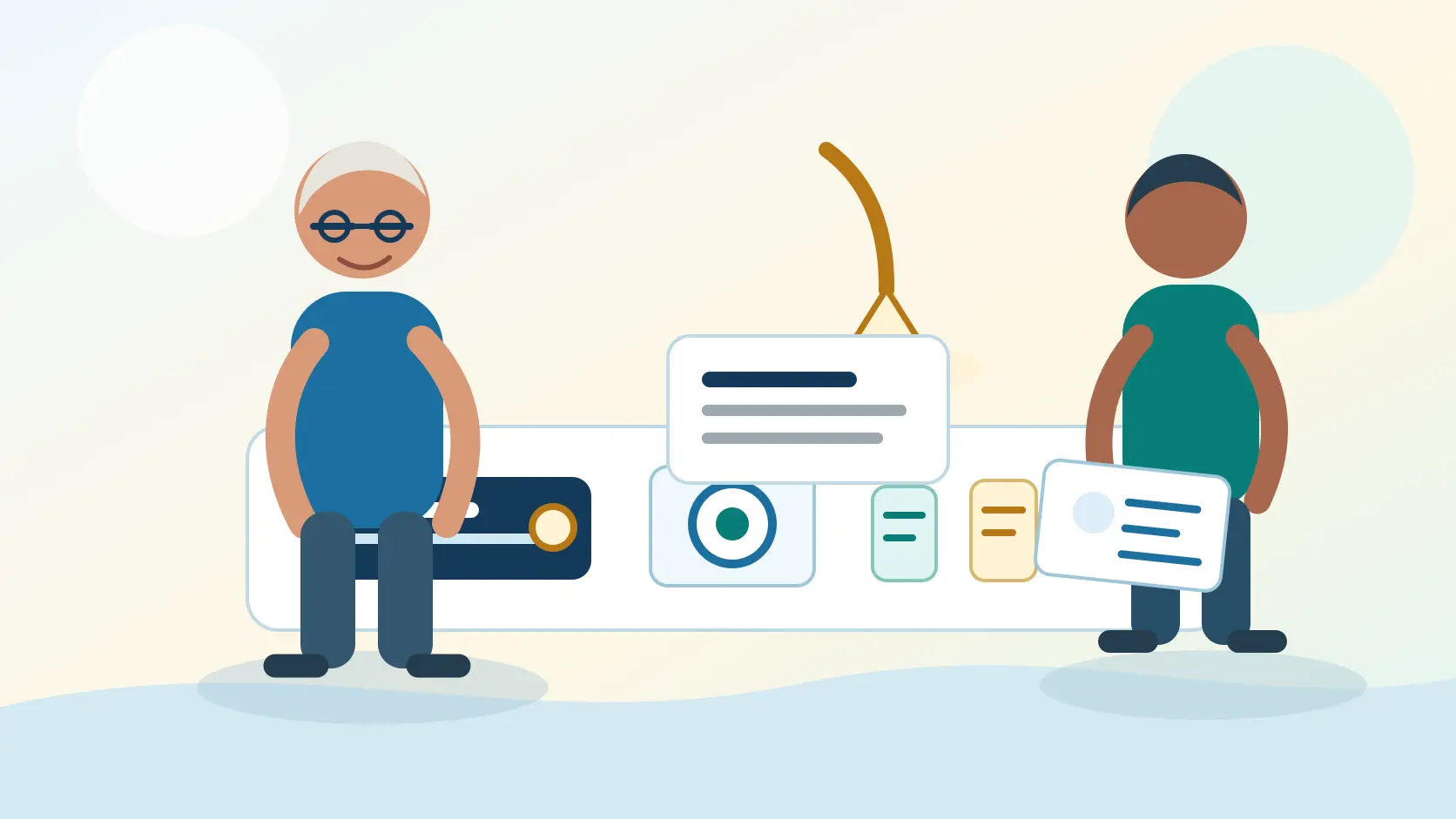 Editorial illustration of a person practicing daily reading and medication tasks with a low-vision rehabilitation professional