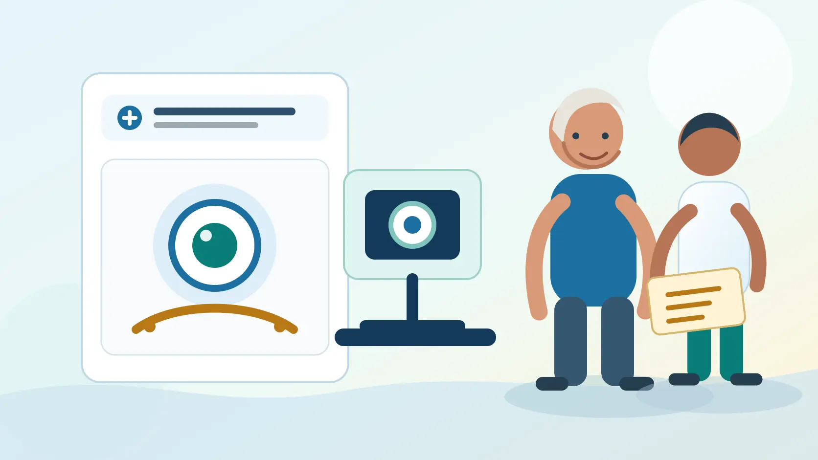 Editorial illustration of an older adult participating in a respectful retinal and functional vision assessment with a clinician