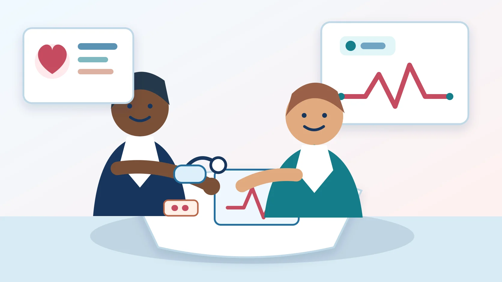 Editorial illustration of a patient and clinician reviewing blood pressure, medication, and follow-up in a bright ambulatory setting