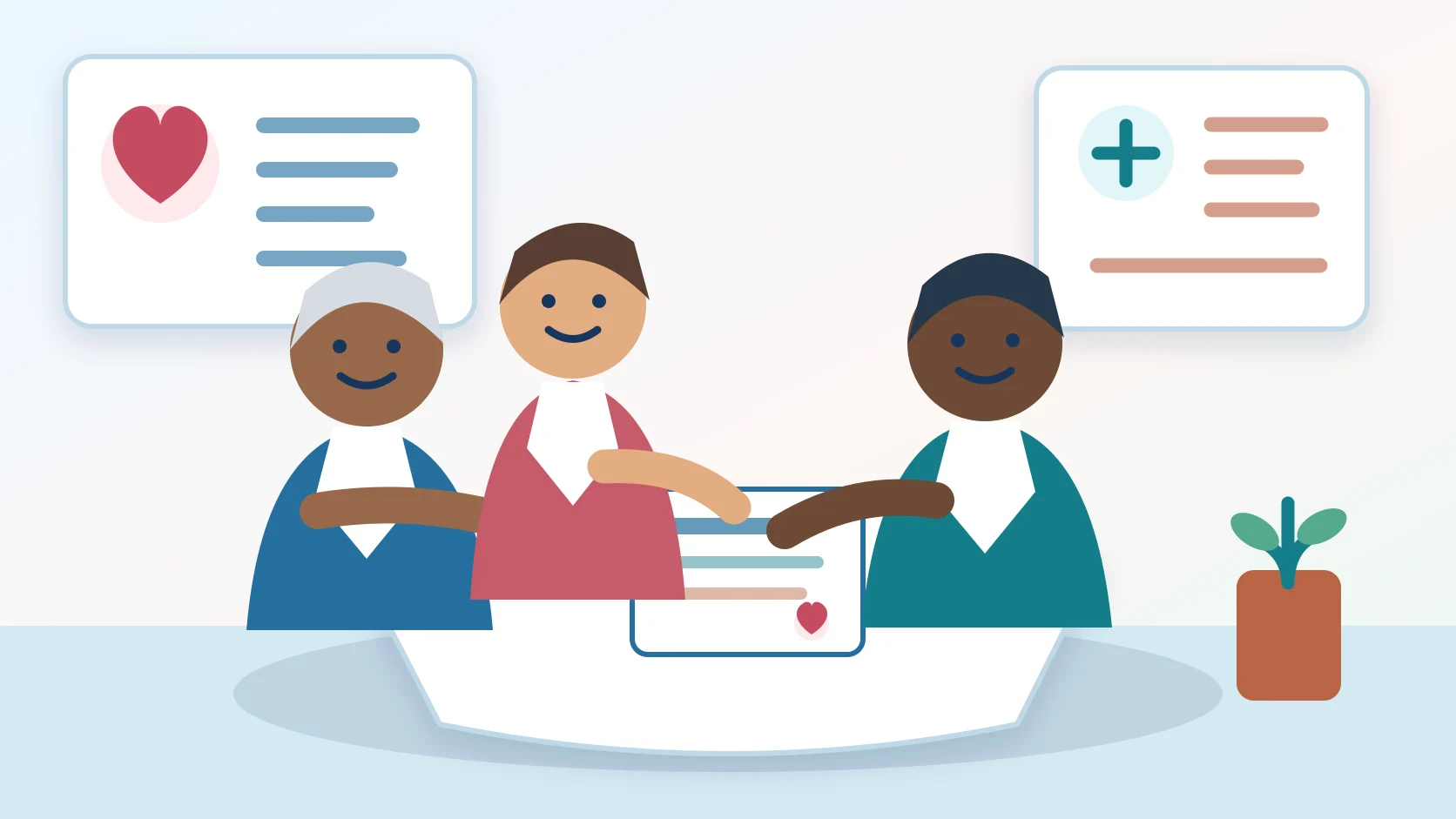 Editorial illustration of a patient, support person, and clinician planning cardiac recovery and rehabilitation together