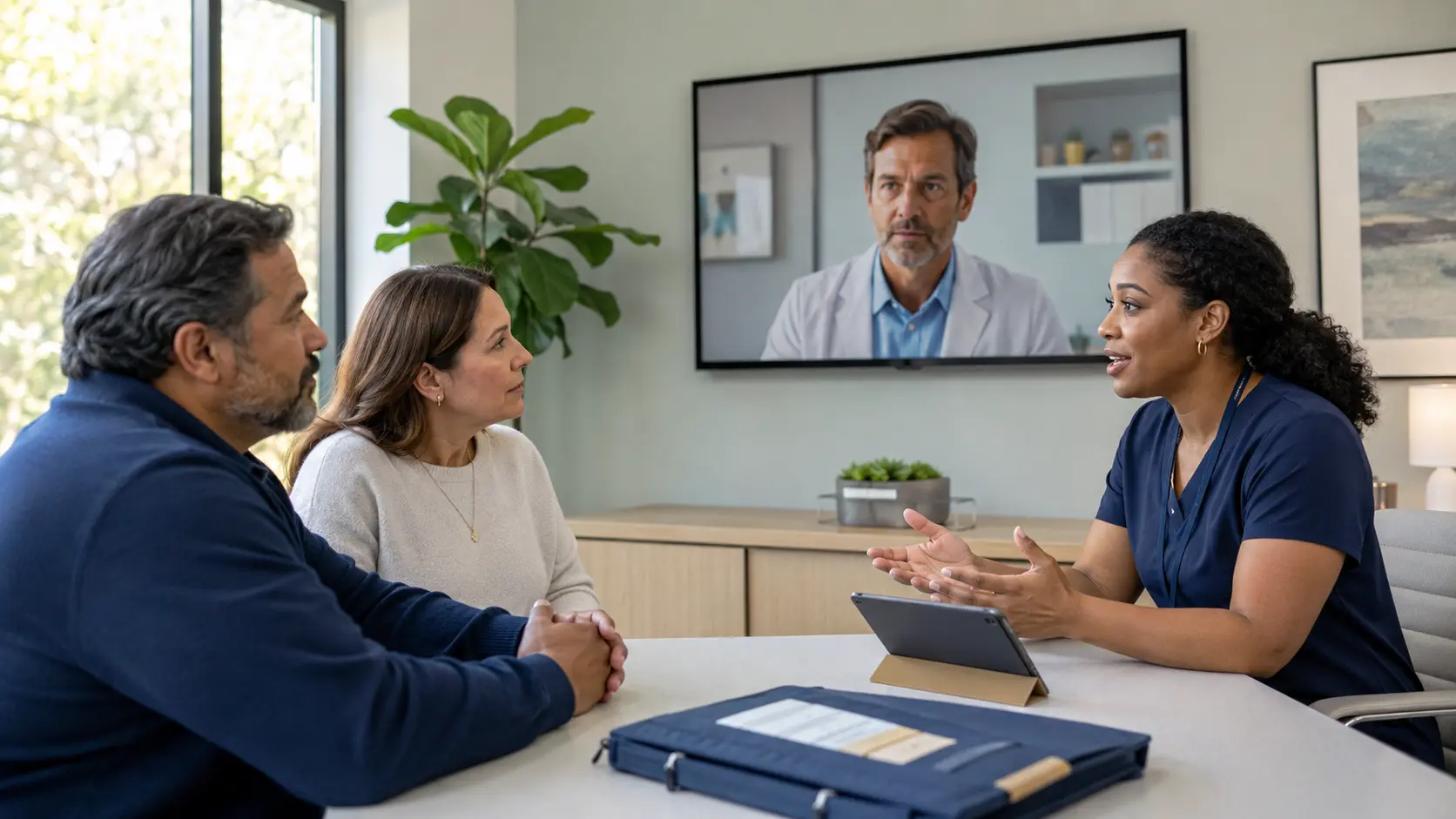 A patient and caregiver meeting with a nurse navigator while a remote cancer specialist joins by video.