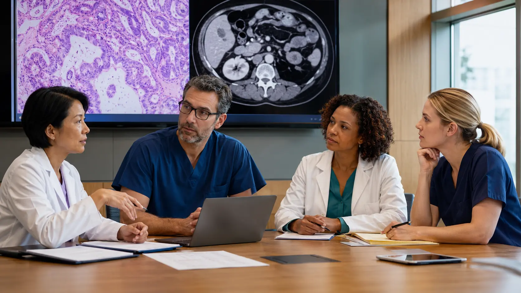 A multidisciplinary clinical team reviewing pathology and abdominal imaging for an appendix cancer case.