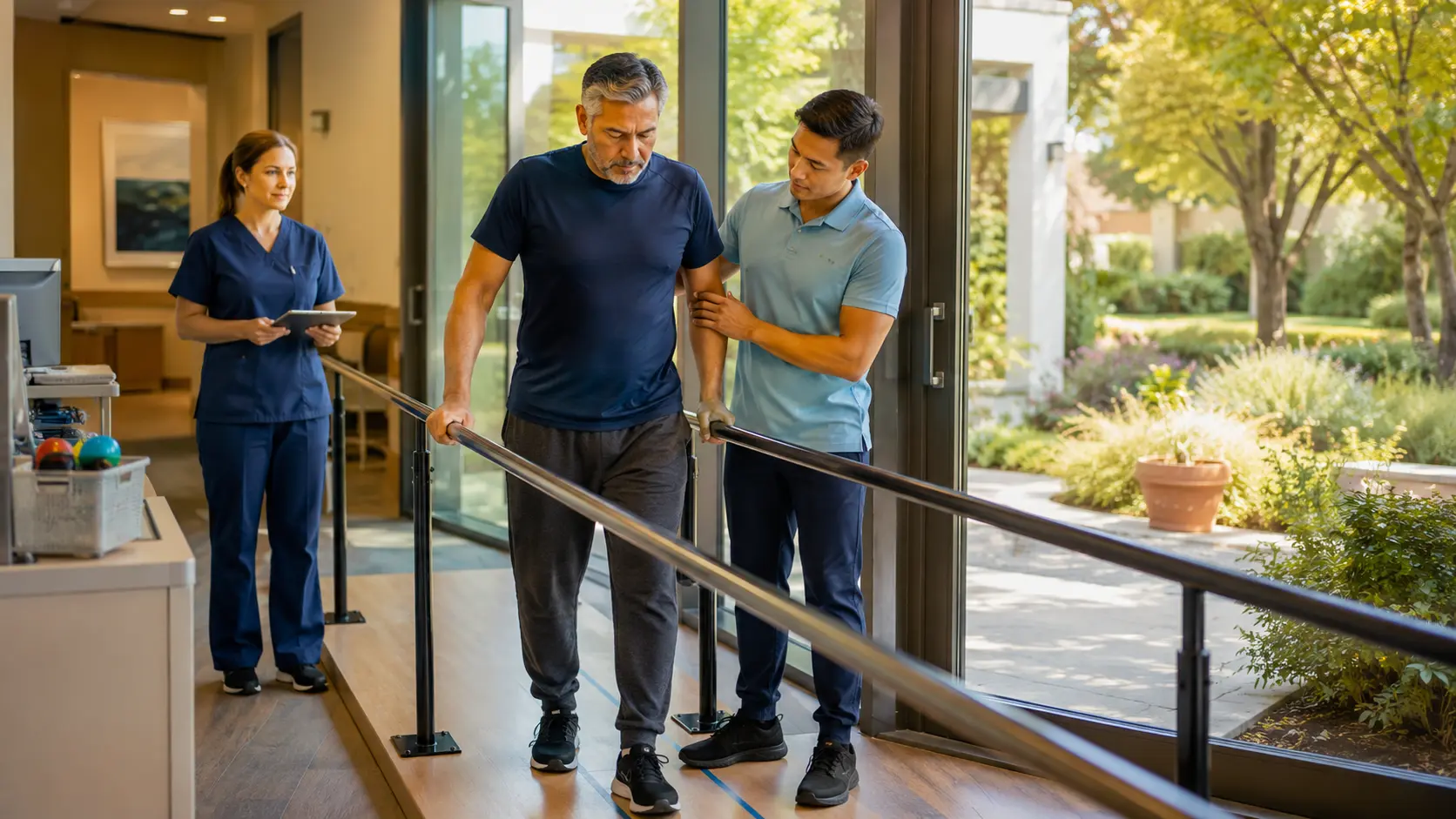 An adult survivor practicing supported walking with a physical therapist while an oncology nurse observes.