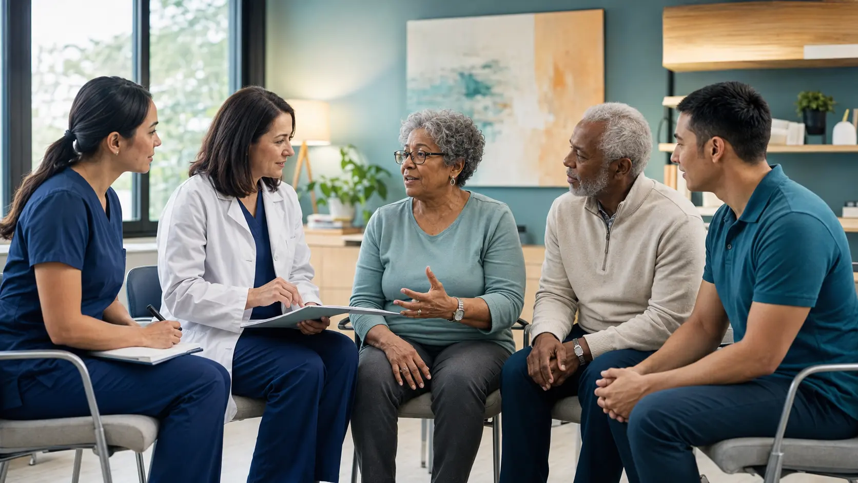 A fictional older adult and chosen supporter discussing a shared arthritis plan with two clinicians and a physiotherapist in a bright clinic