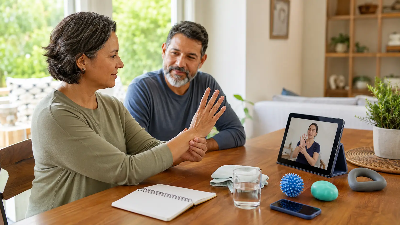 A fictional adult demonstrates a gentle hand exercise during a video visit while a chosen supporter sits nearby in a bright home