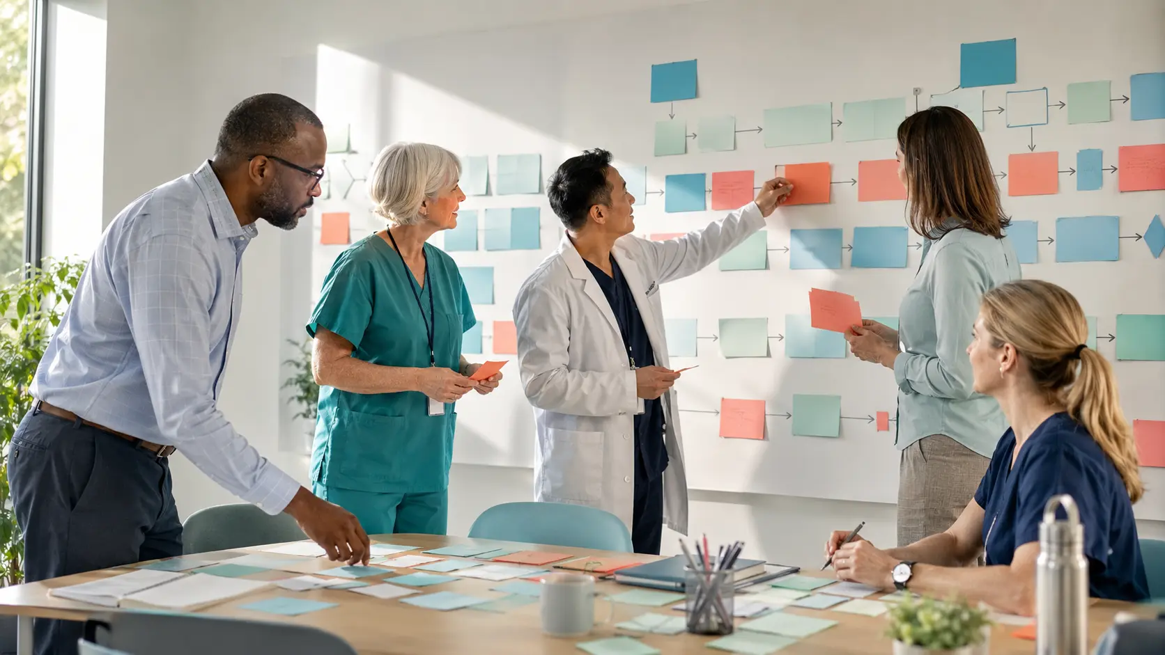 Five fictional healthcare leaders and frontline professionals arrange blank pathway cards on a wall and table in a bright operations workshop