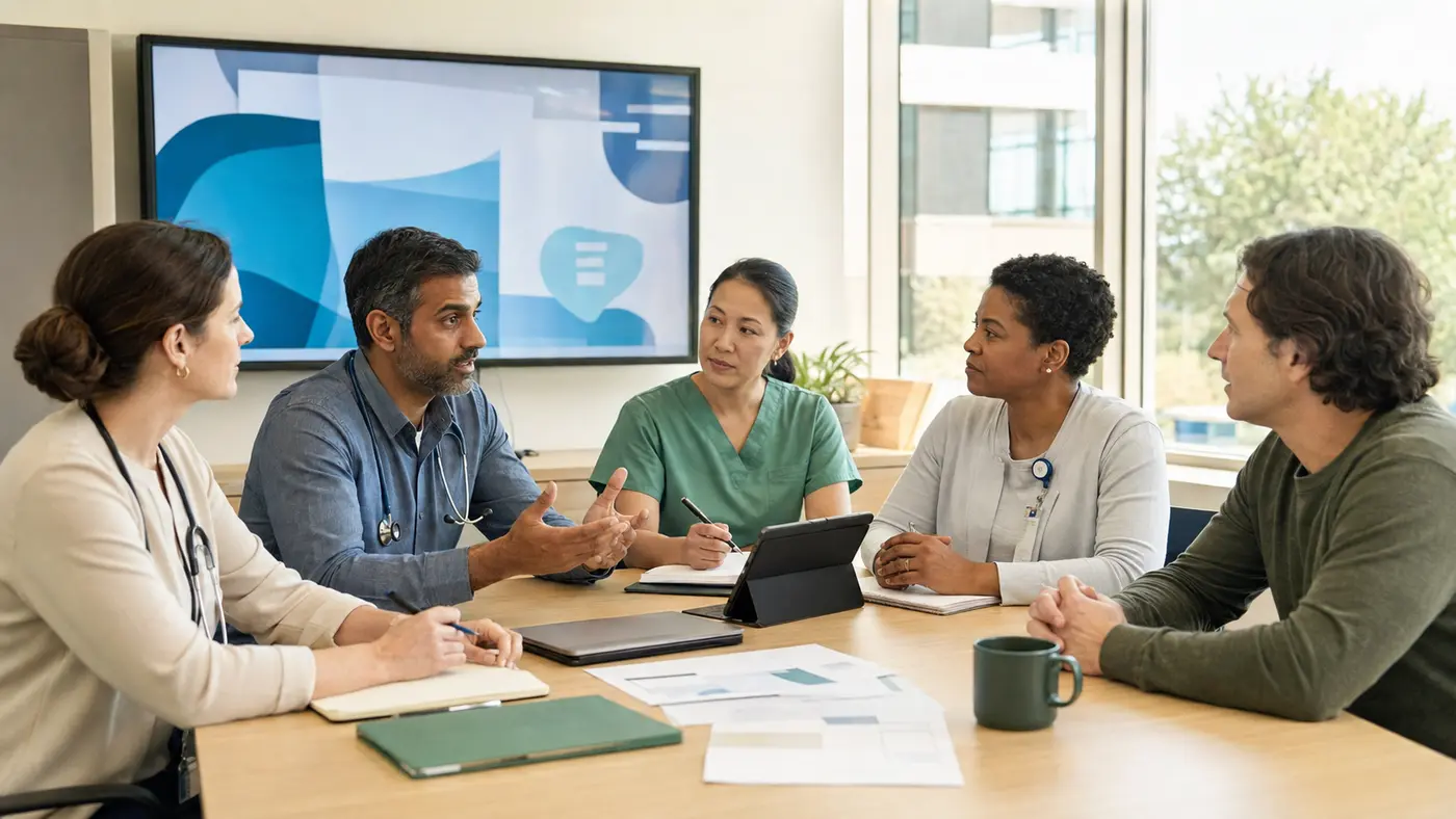 A patient and four healthcare professionals from different disciplines collaborating around a shared plan in a bright conference room.