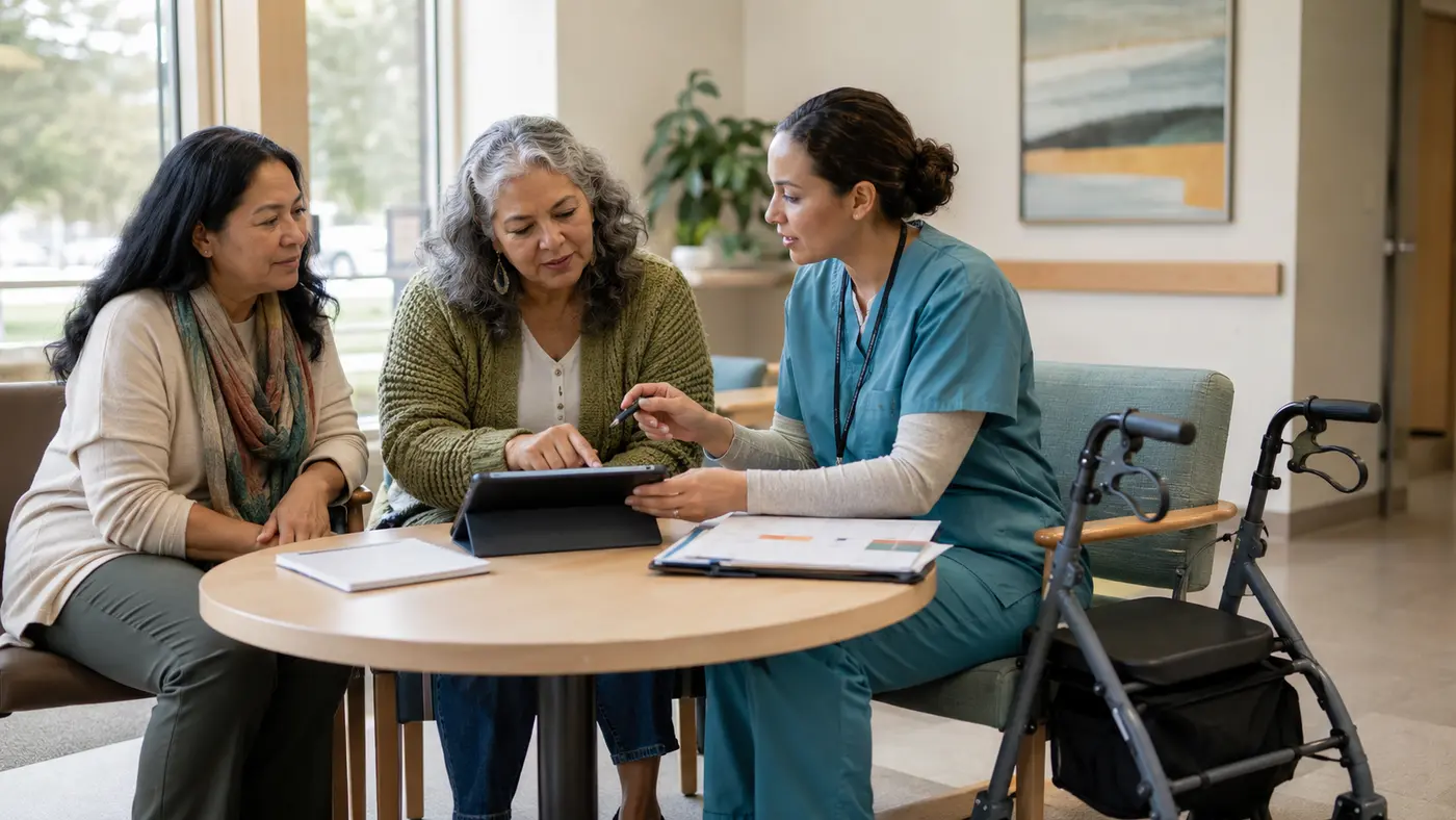An adult patient, a supporter, and a nurse navigator reviewing a tablet and paper follow-up plan, with a mobility aid nearby.