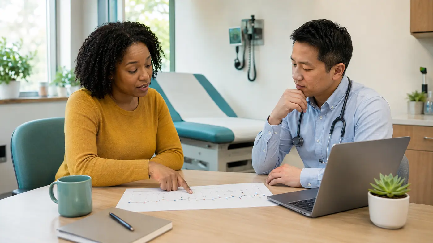 An adult patient and primary-care clinician reviewing a paper timeline of symptoms, test results, and prior visits in a bright clinic.