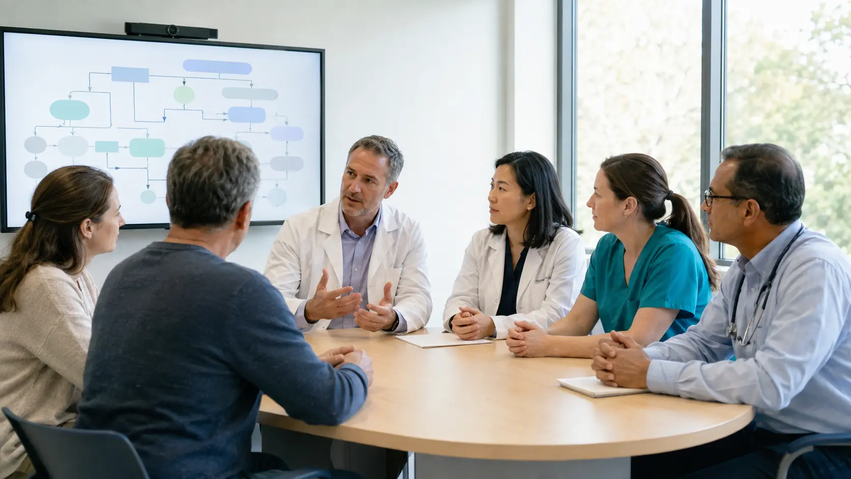 Two people sit with physicians and a nurse around a conference table while the care team discusses a blank flowchart on a wall monitor.