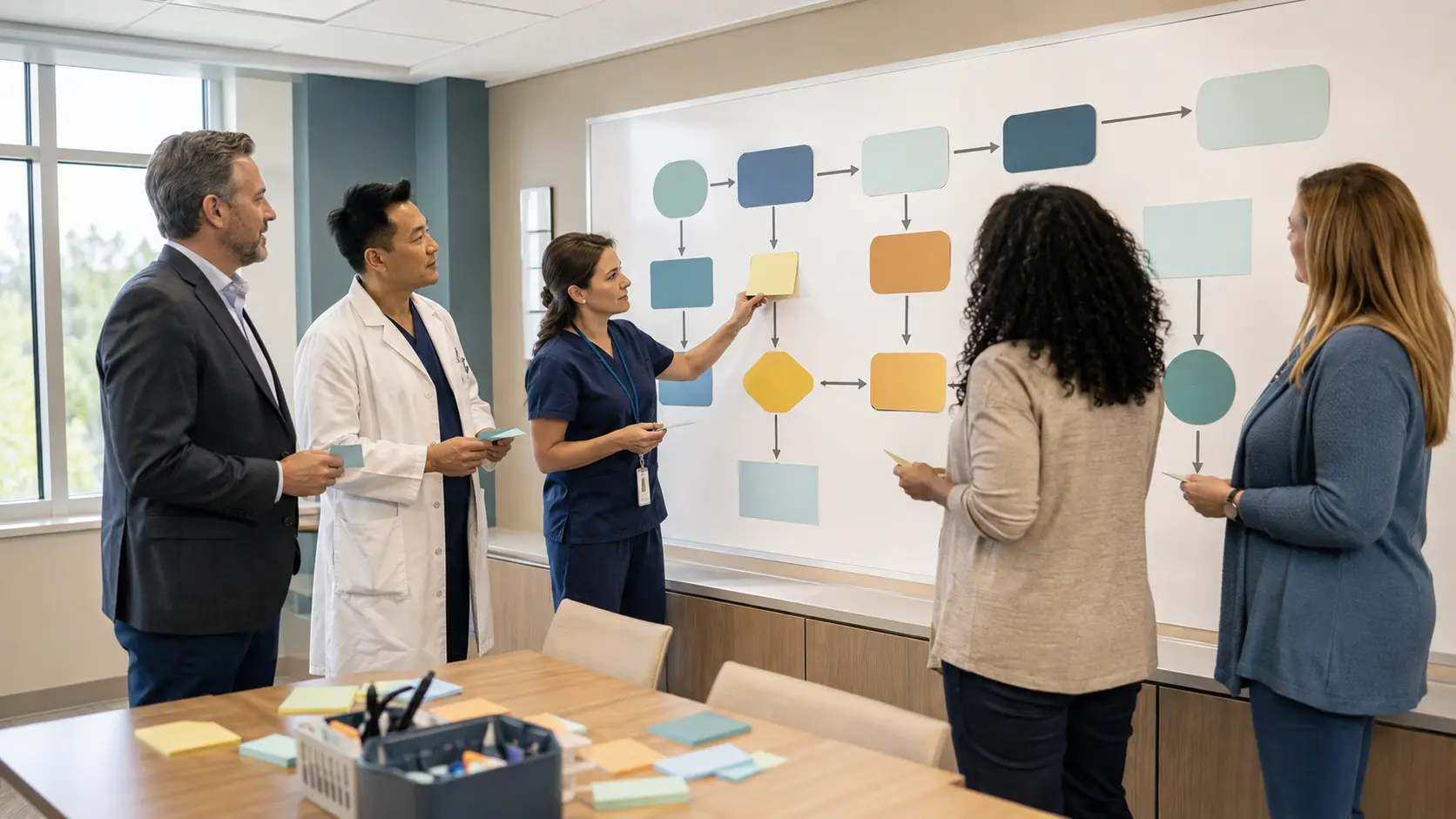 A hospital executive, physician, nurse, and two staff members map a multistep workflow with colored cards on a large whiteboard.