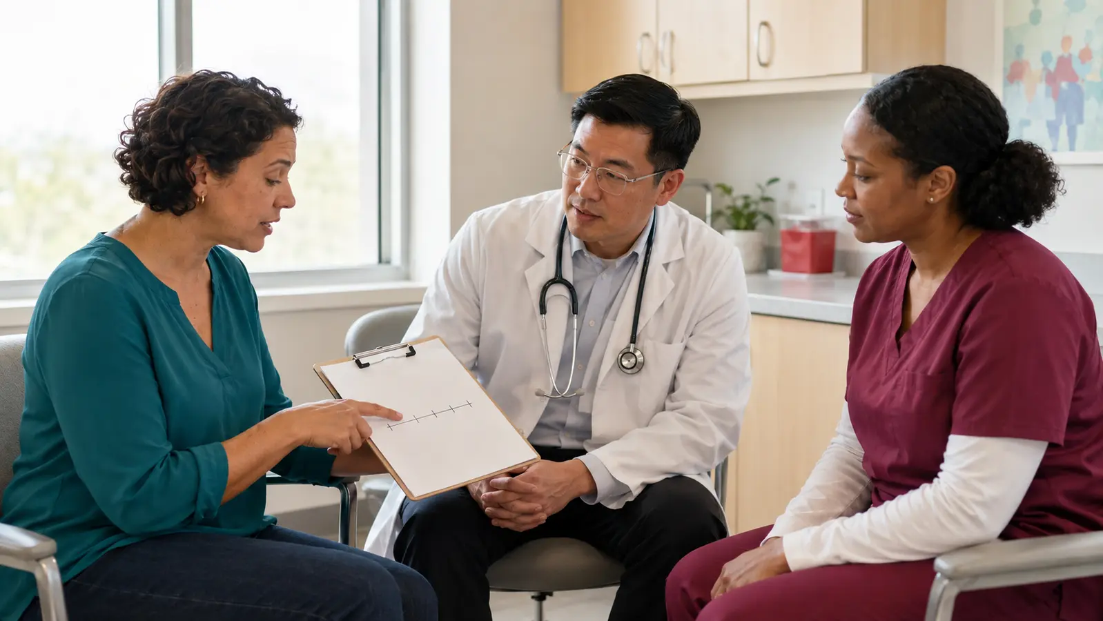 A patient discusses a blank bleeding-history timeline with a physician and hematology nurse.