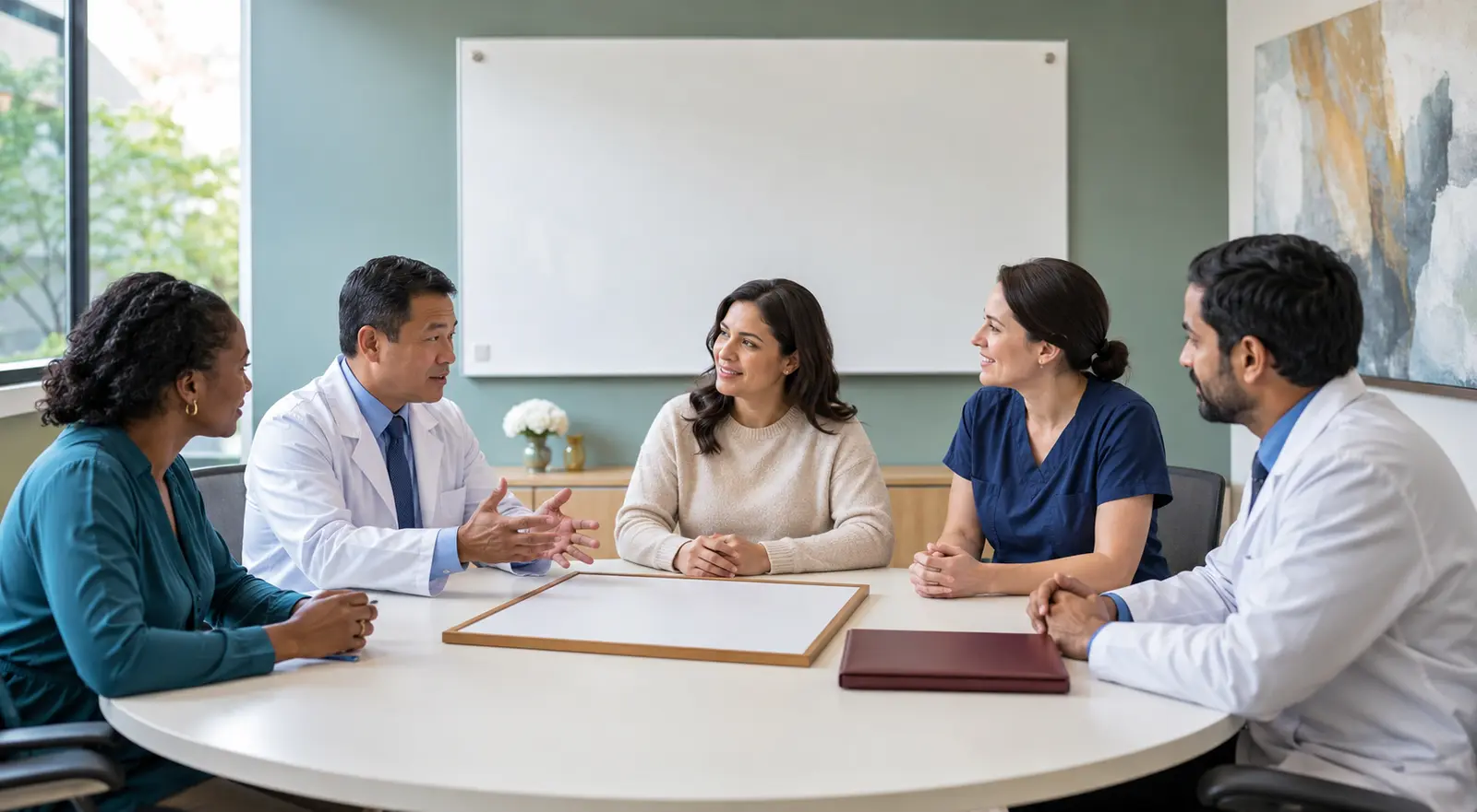 A patient joins a multidisciplinary team in a bright care-planning meeting.