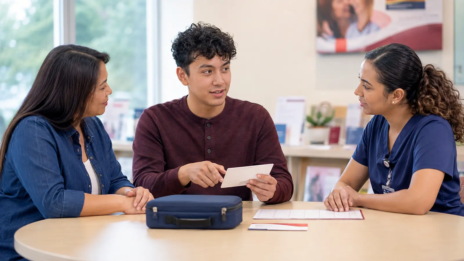 A young adult leads a care-transition conversation with a caregiver and nurse educator.