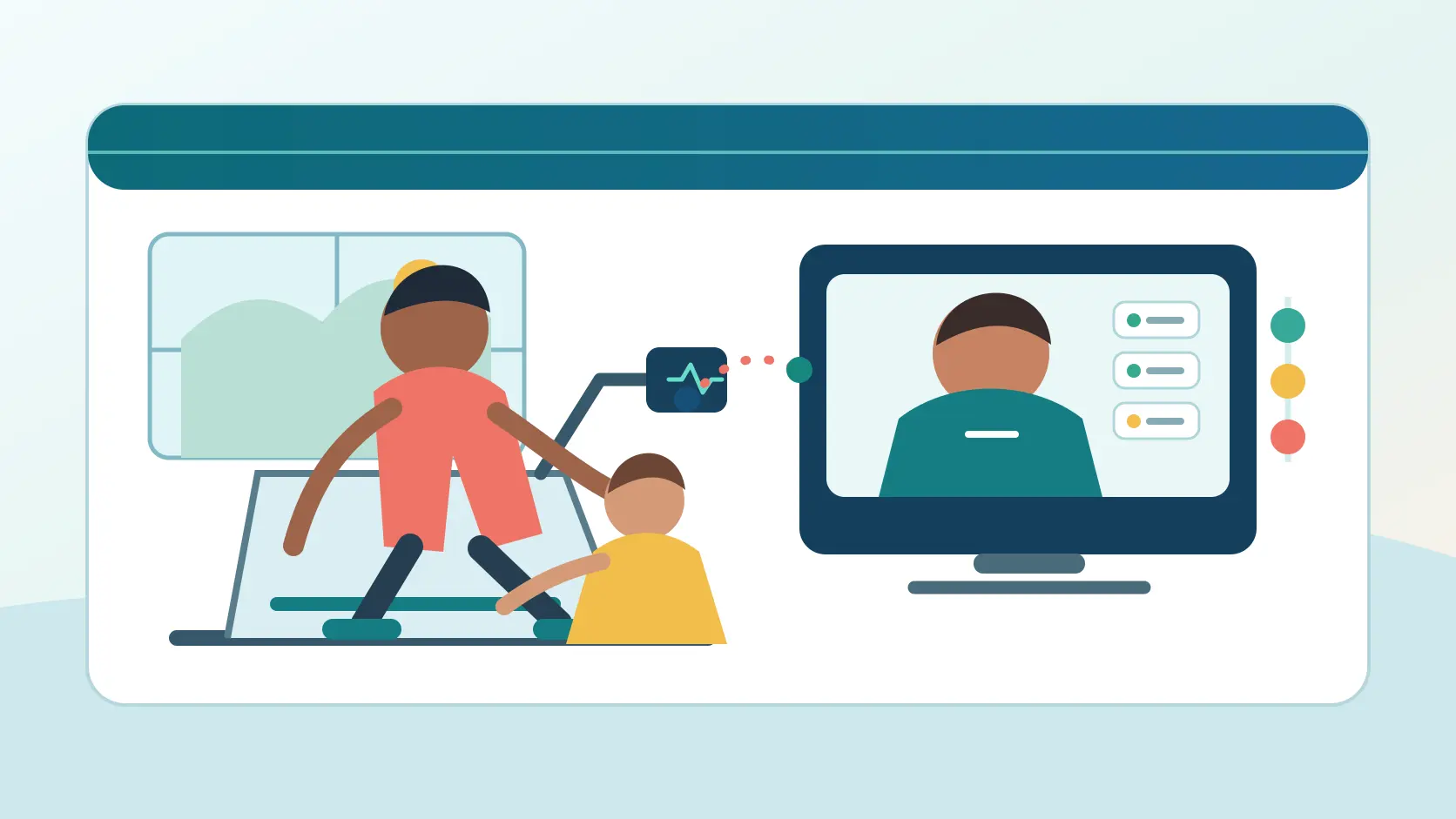 Patient exercising at home with support while a cardiac rehabilitation coach monitors a secure virtual session.