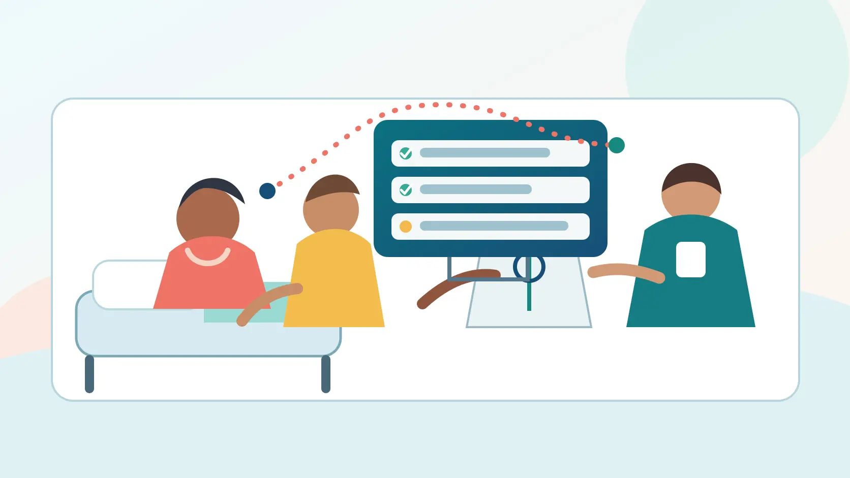 Patient and support person reviewing a shared cardiac rehabilitation referral plan with a hospital clinician and rehabilitation navigator beside a hospital bed.