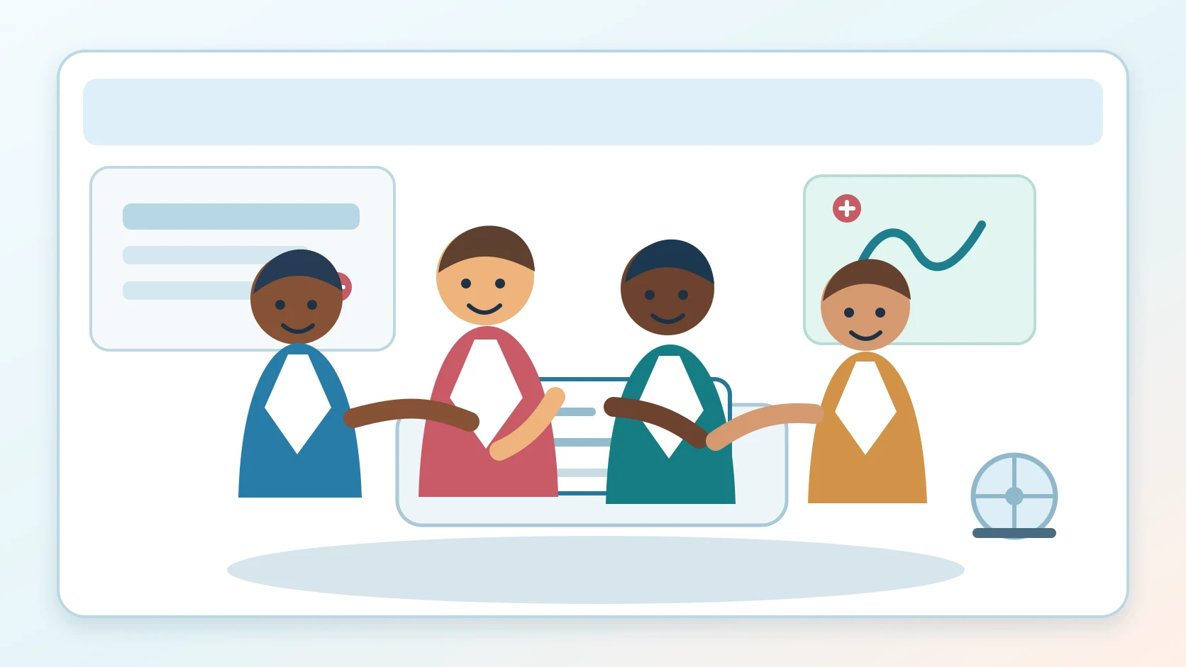 Editorial illustration of a nurse, pharmacist, rehabilitation professional, patient, and support person reviewing a cardiovascular recovery handoff