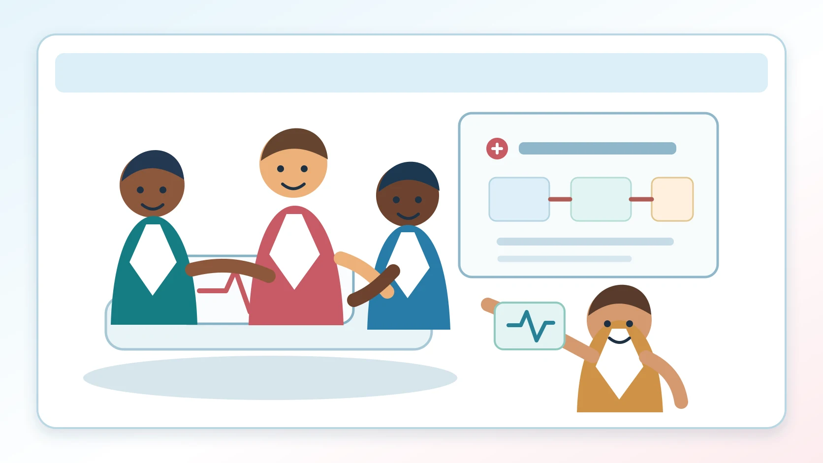 Editorial illustration of cardiovascular professionals practicing a team scenario and reviewing a shared learning board