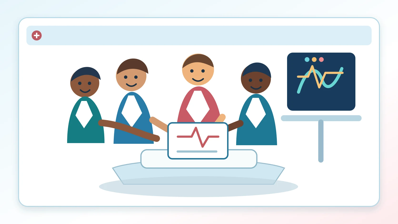 Editorial illustration of cardiovascular technologists, a nurse, and a physician reviewing a shared procedural plan in a bright cardiac laboratory
