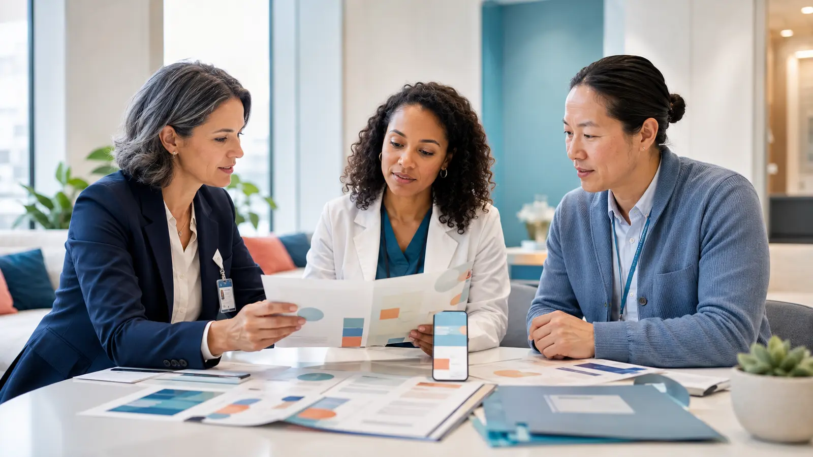 Healthcare communication, clinical, and community professionals reviewing patient education materials together