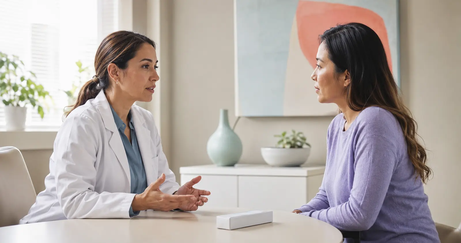 A clinician and patient discussing a cervical screening self-collection option in a private consultation room