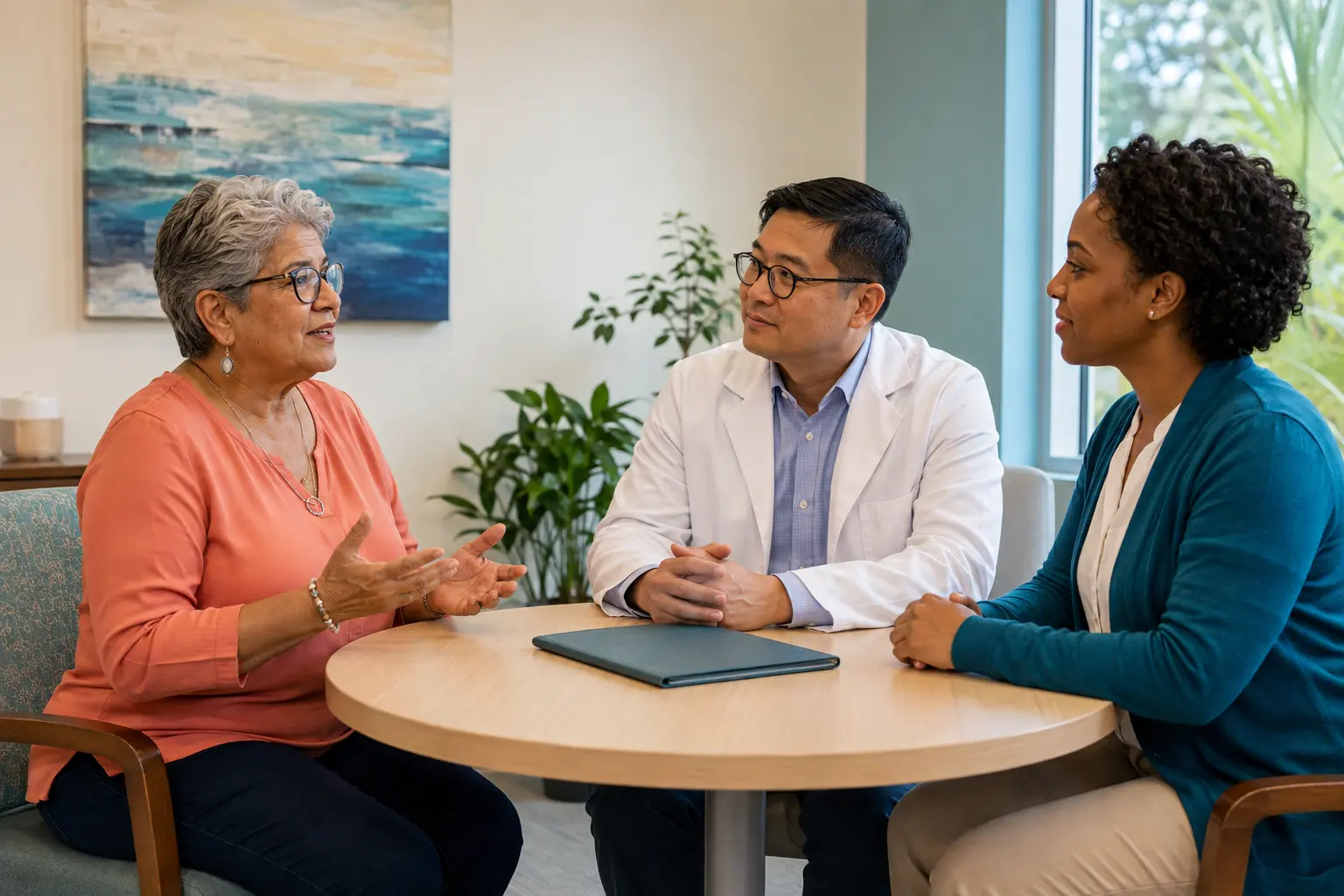 Older adult living with congenital heart disease speaking with two clinicians during a coordinated follow-up conversation.