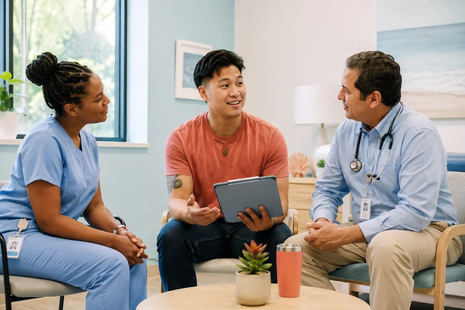 Adult with congenital heart disease leading a conversation with a nurse navigator and primary care clinician while holding a tablet.