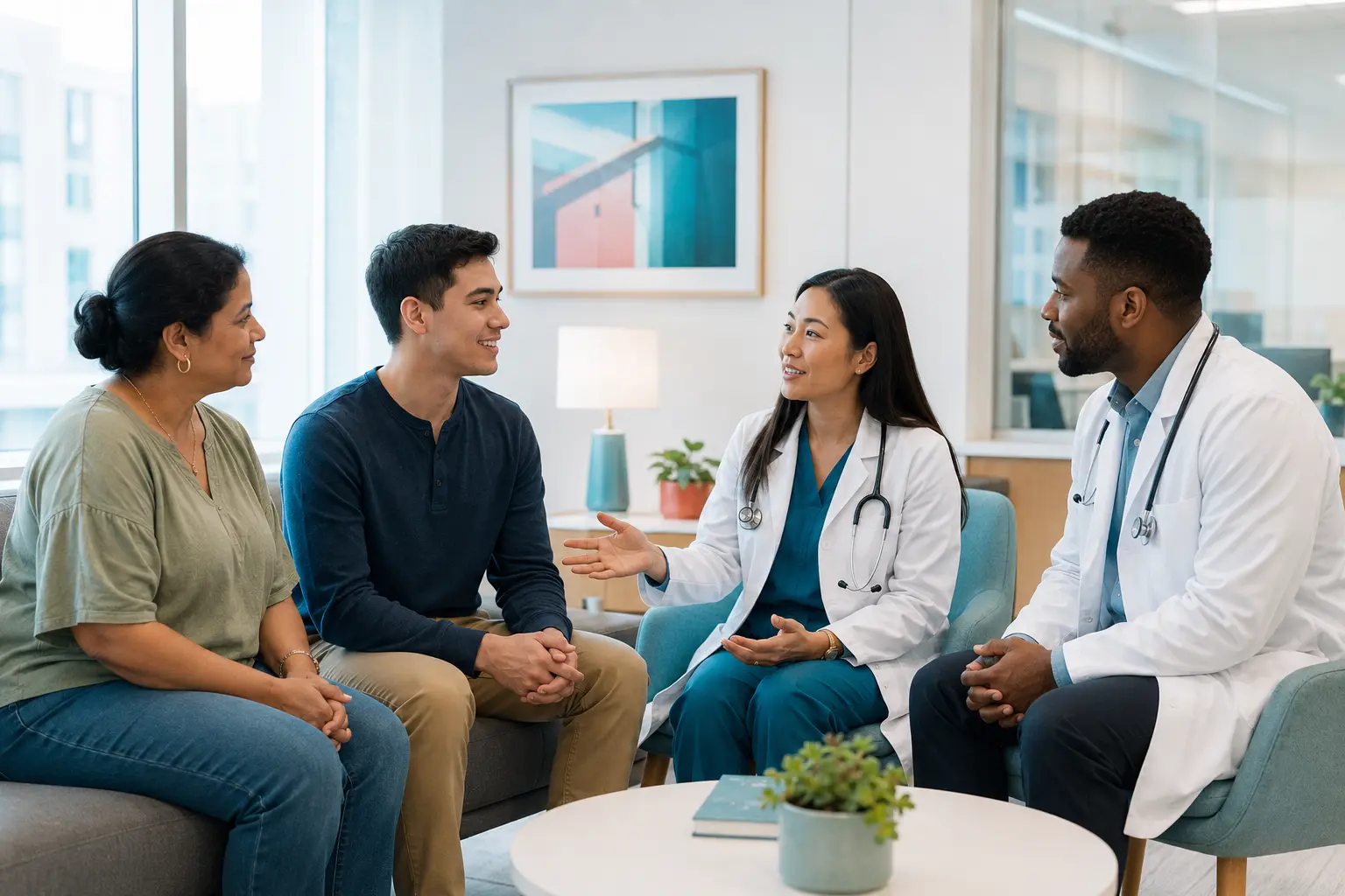 Young adult with a caregiver, pediatric cardiologist, and adult congenital cardiologist in a coordinated transition visit.