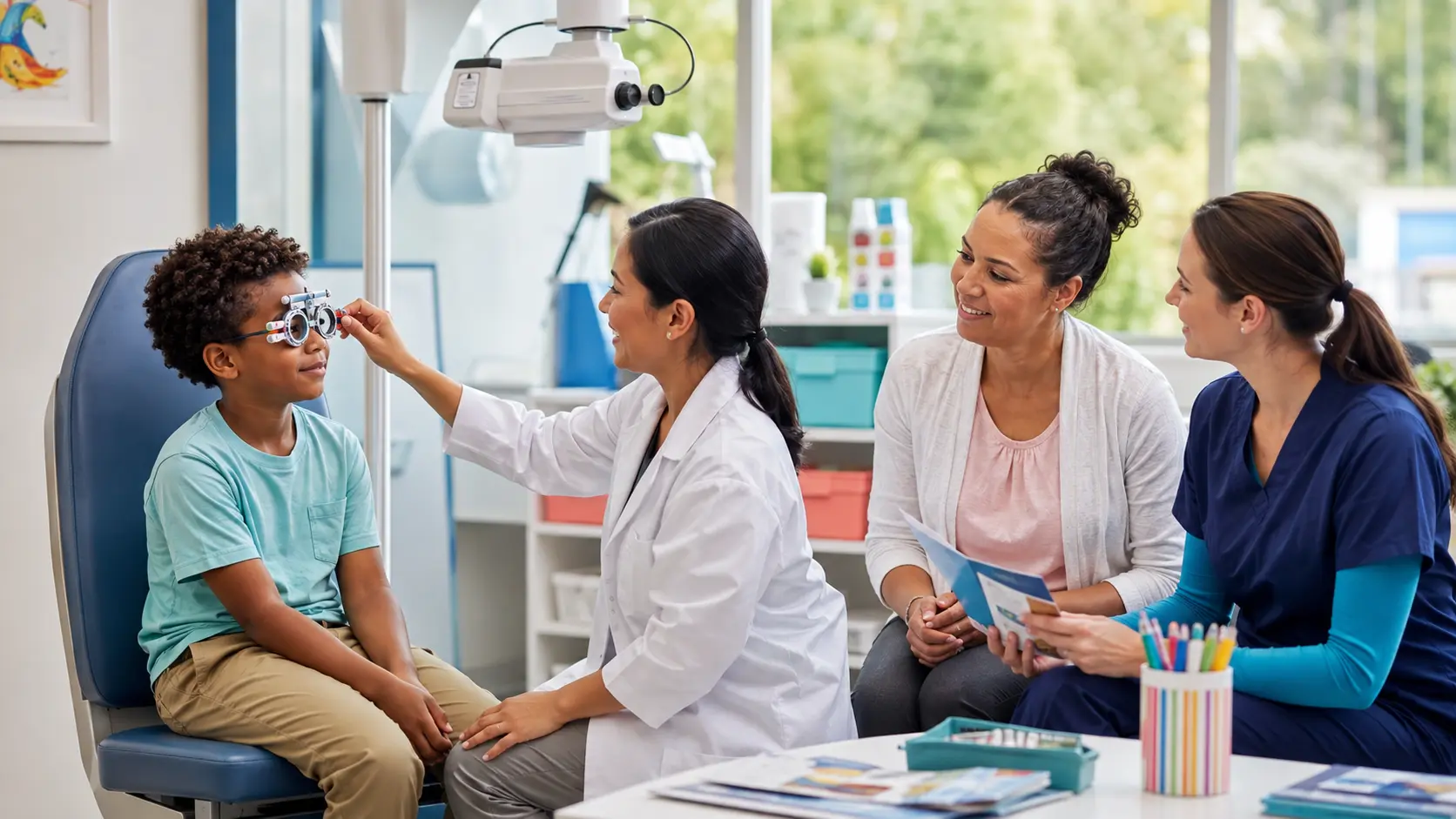 A pediatric eye-care clinician adjusts vision-testing frames on a seated boy while his caregiver and a nurse observe in a bright examination room.