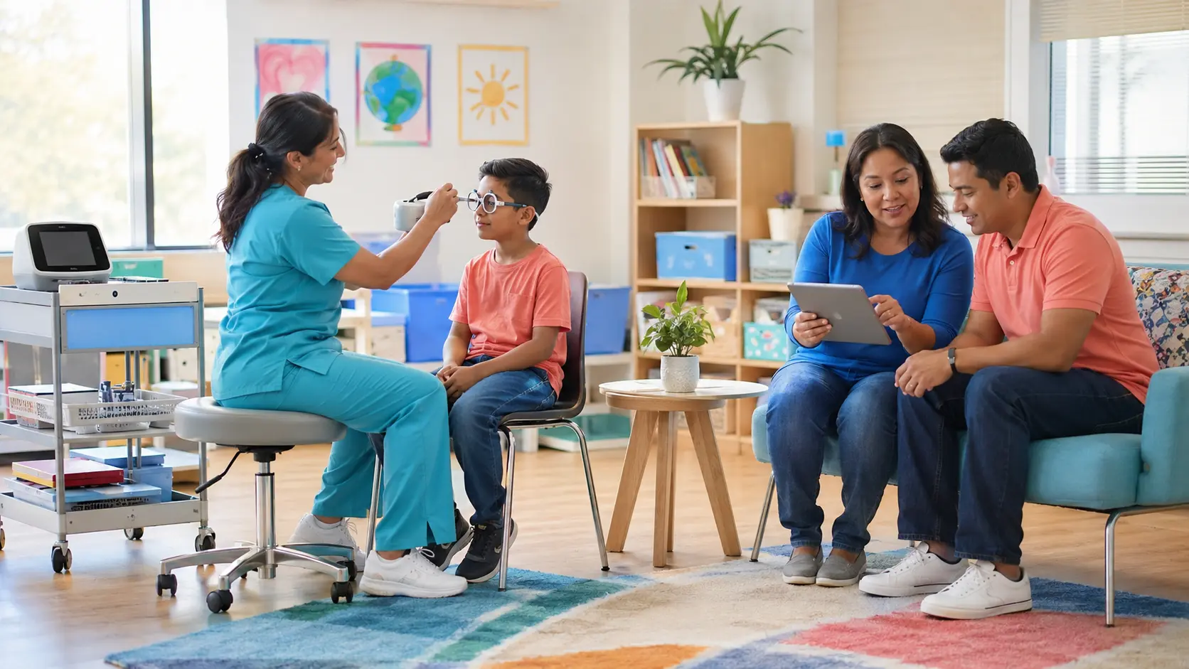 A clinician adjusts vision-testing frames on a seated boy while two caregivers review information on a tablet in a child-friendly room.
