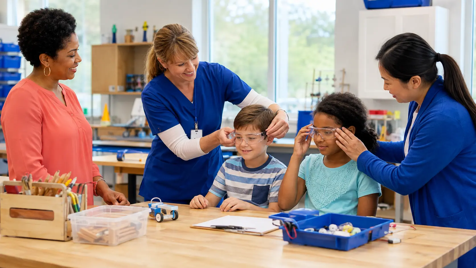Two adults in blue uniforms help a boy and girl put on clear safety glasses at a school makerspace table while a teacher observes.