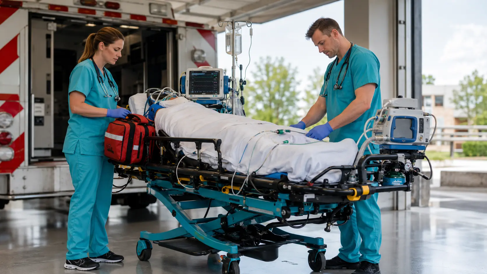 A critical care transport nurse and respiratory therapist perform a calm predeparture equipment and line readiness check beside a covered patient on a transport stretcher in a bright ambulance bay.