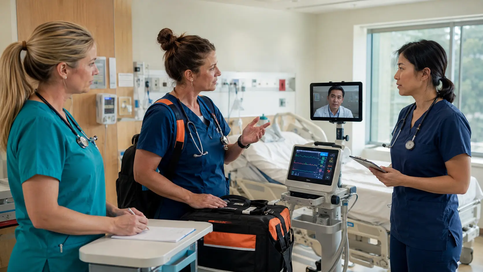 A sending nurse, critical care transport nurse, and receiving clinician conduct a structured clinical handoff in a bright ICU transfer area with a covered patient in the background.