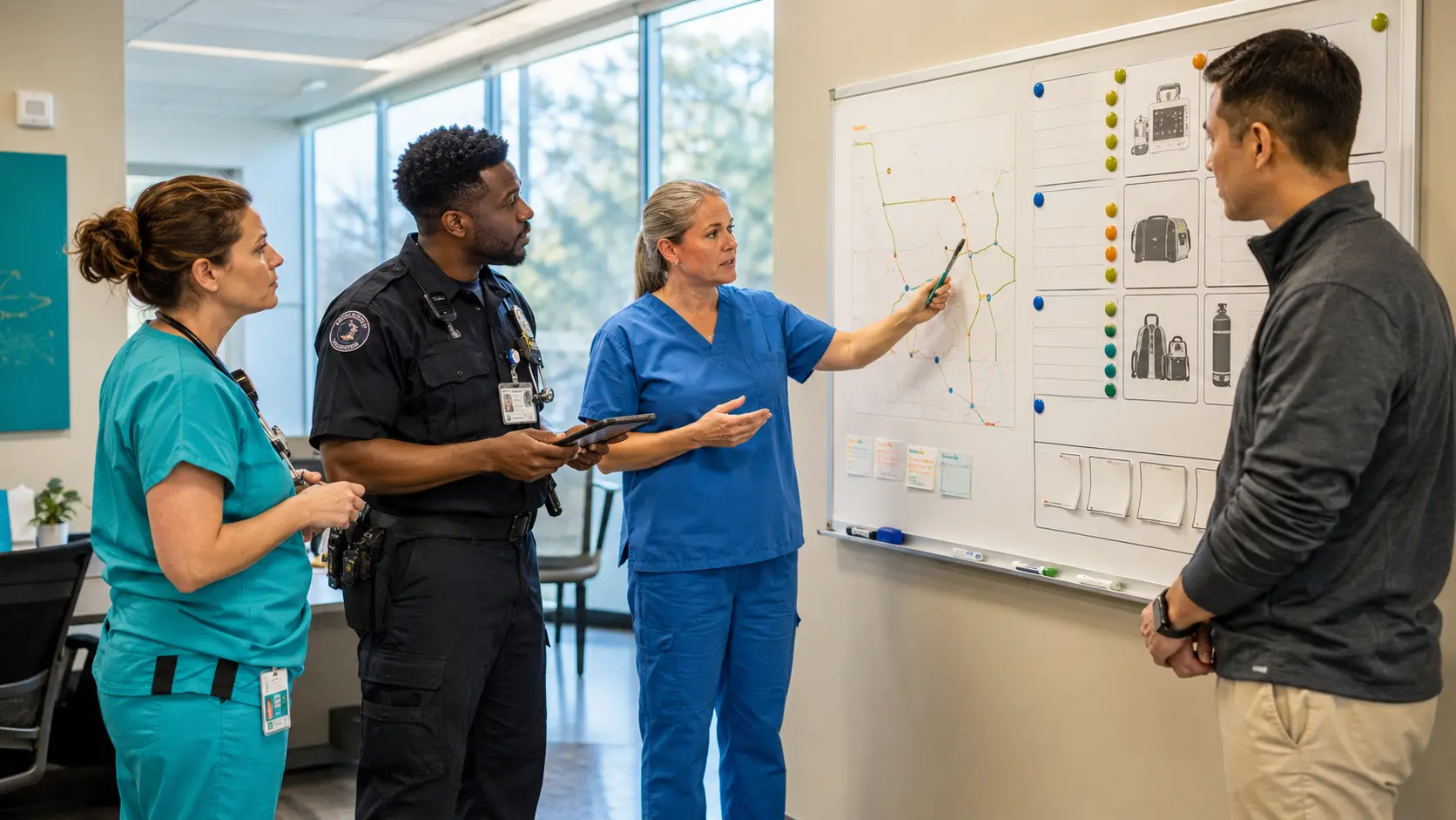 A multidisciplinary critical care transport quality huddle reviews a de-identified route and equipment-readiness board in a bright operations room.