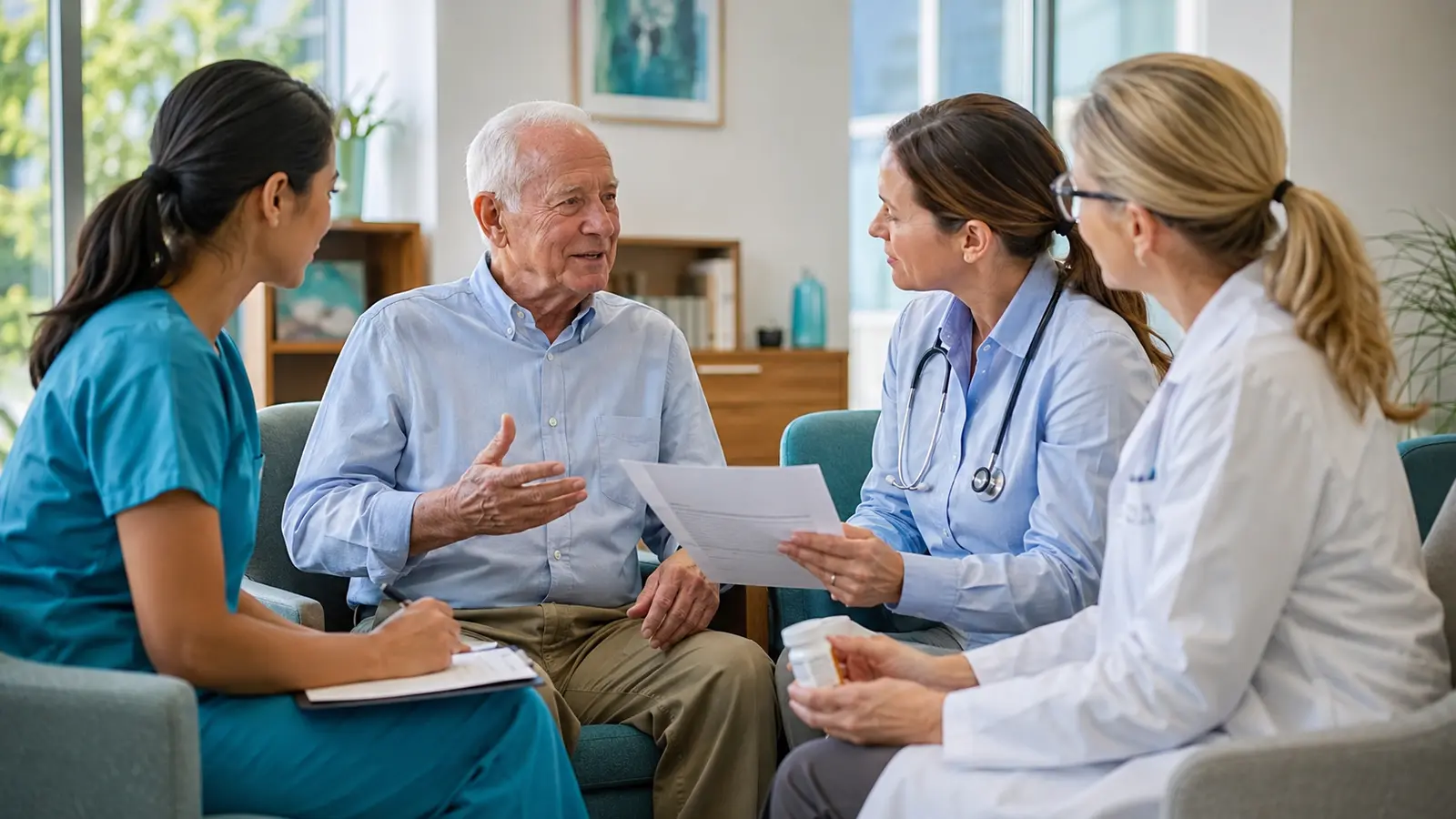 An older adult speaks with a nurse, clinician, and pharmacist during a collaborative fall-risk review in a bright clinic.