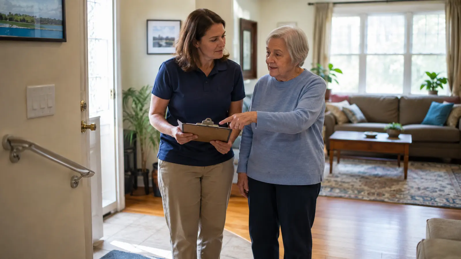 An older adult and an occupational therapist review a clear walking path and accessibility features in a lived-in home.