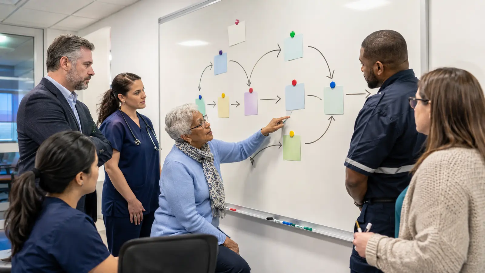 An older-adult advisor points to a handoff during a falls-prevention pathway huddle with healthcare and community professionals.