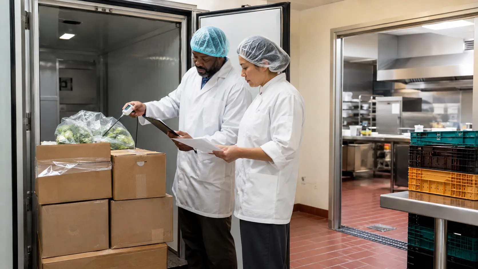 Hospital food-service workers checking a delivery with a probe thermometer and receiving checklist in a refrigerated receiving area.